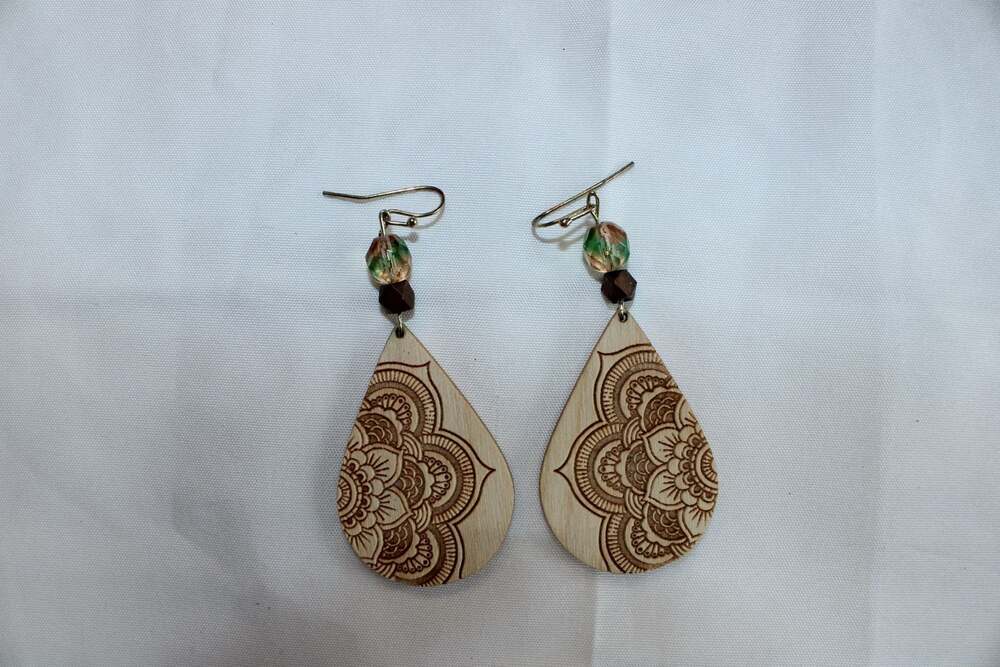 Laser Engraved Mandala Teardrop Wooden Dangle Earrings